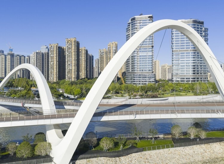 Grand Canal Gateway Bridge in Hangzhou with views of Qiantang River and surrounding urban environment