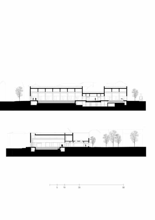 Indoor swimming pool at Sportbad am Rabet project in Leipzig, showing modular design, use of glass and exposed concrete, and open spaces integrated with nature and urban context.