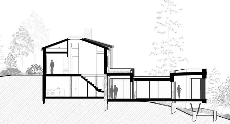 Exterior view of Clos Saint-Martin project blending historical stone buildings with modern wooden extensions and landscaped terraces.