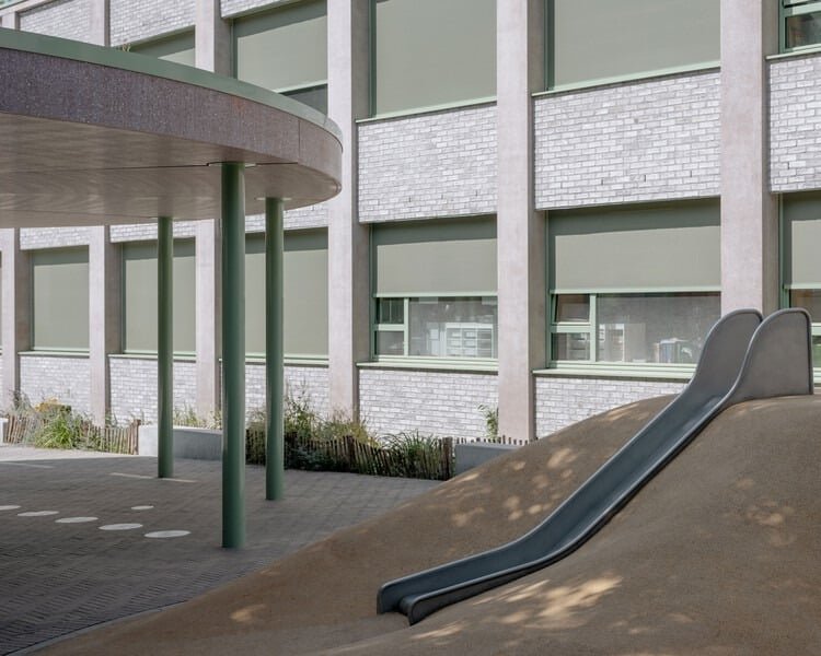Chazal School renovated facade showing modern design with large windows and sustainable materials.