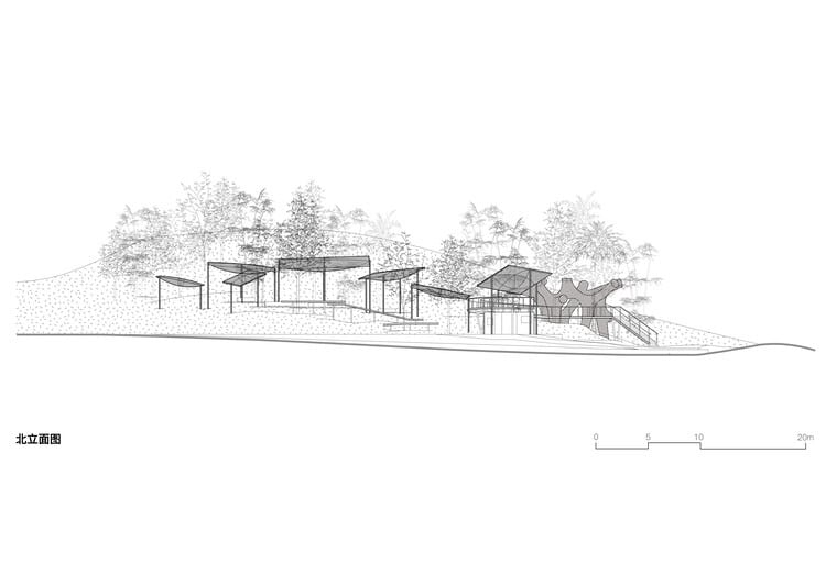 Semi-transparent floating pavilions within the local forest