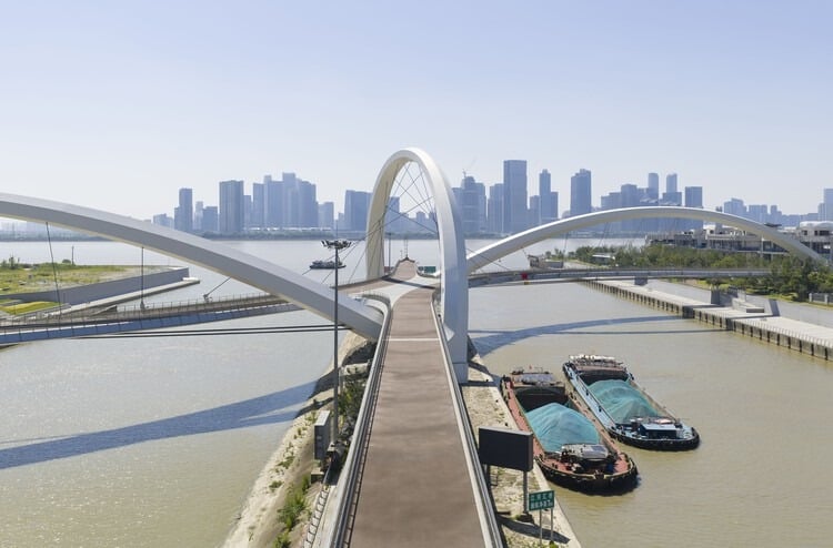 Grand Canal Gateway Bridge in Hangzhou with views of Qiantang River and surrounding urban environment