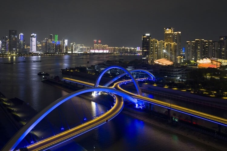 Grand Canal Gateway Bridge in Hangzhou with views of Qiantang River and surrounding urban environment