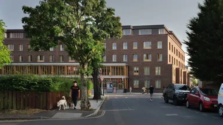 Exterior view of Appleby Blue Almshouse in London, showcasing a contemporary design reflecting a humane approach to senior housing