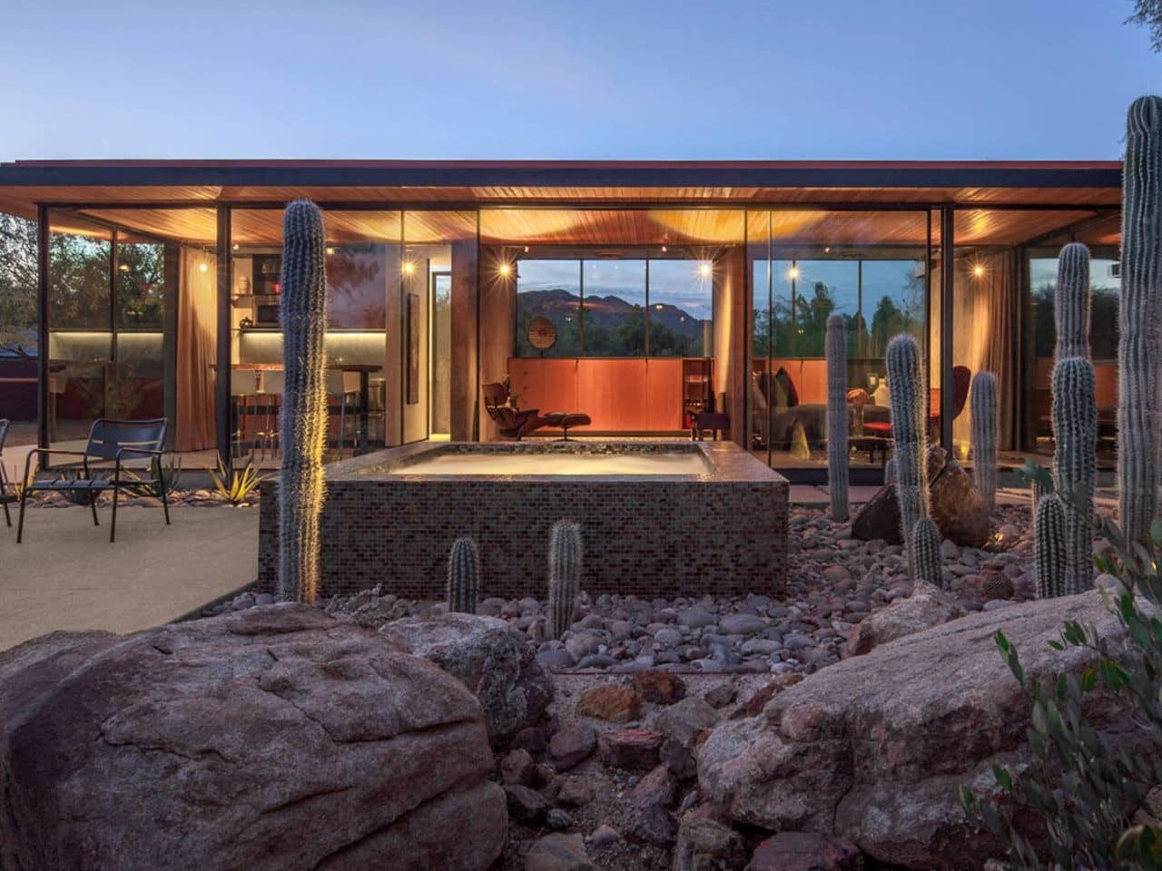 Exterior view of the renovated guest house in Phoenix desert