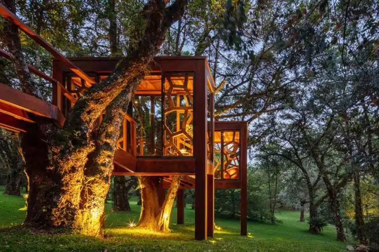 Treehouse in Monte Verde surrounded by dense Brazilian forest, showcasing architectural integration with nature.