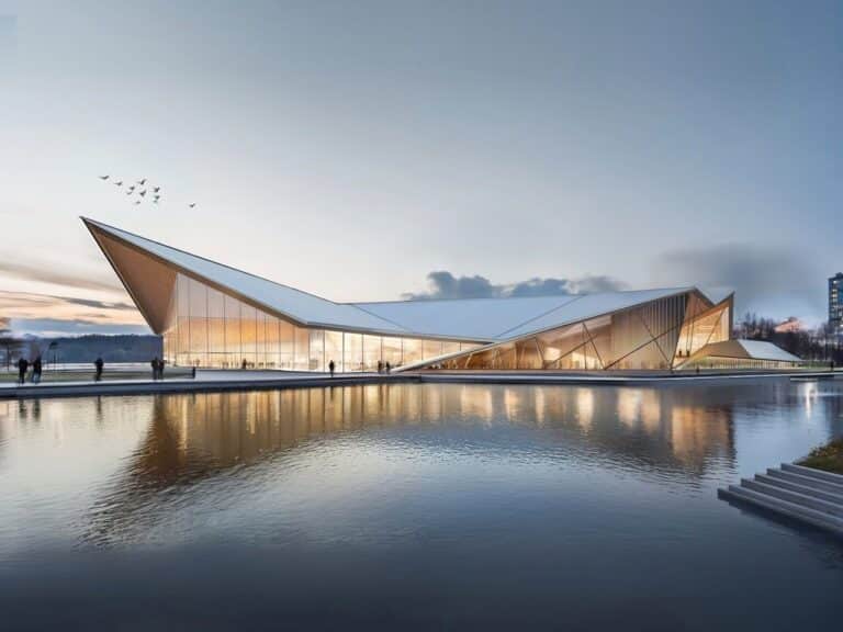 Exterior view of the Foldable Boat Community Center on Harlem River waterfront