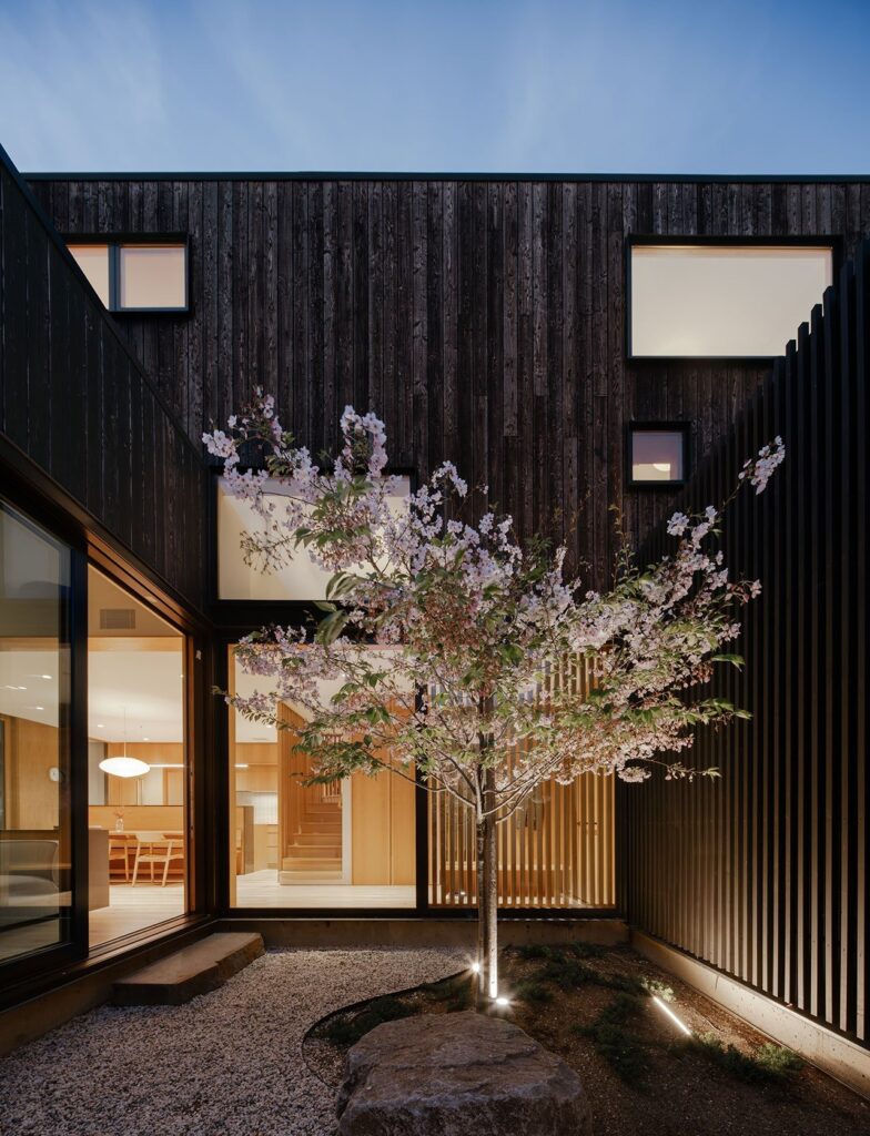 Exterior of the Cupertino Courtyard House with contemporary Japanese design in a quiet neighborhood.