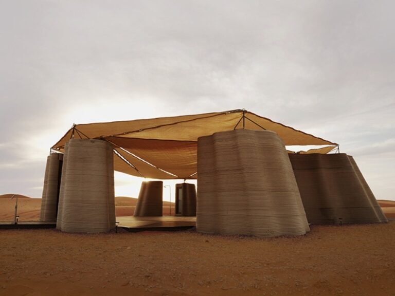 Overview of Desert Ark project in the heart of Mongolia desert, showing modular circular units and central space.