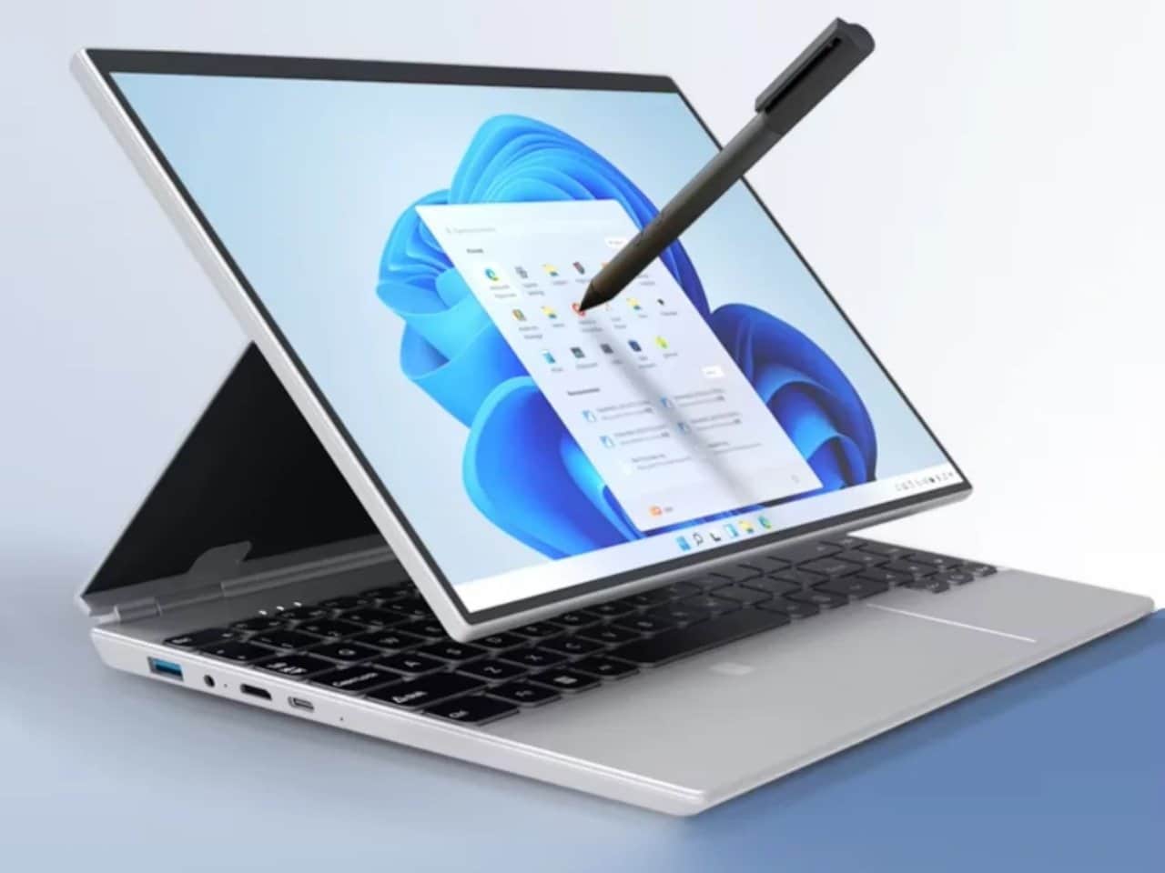 H140S laptop fully opened on a desk, showing its flexible hinge and touchscreen display