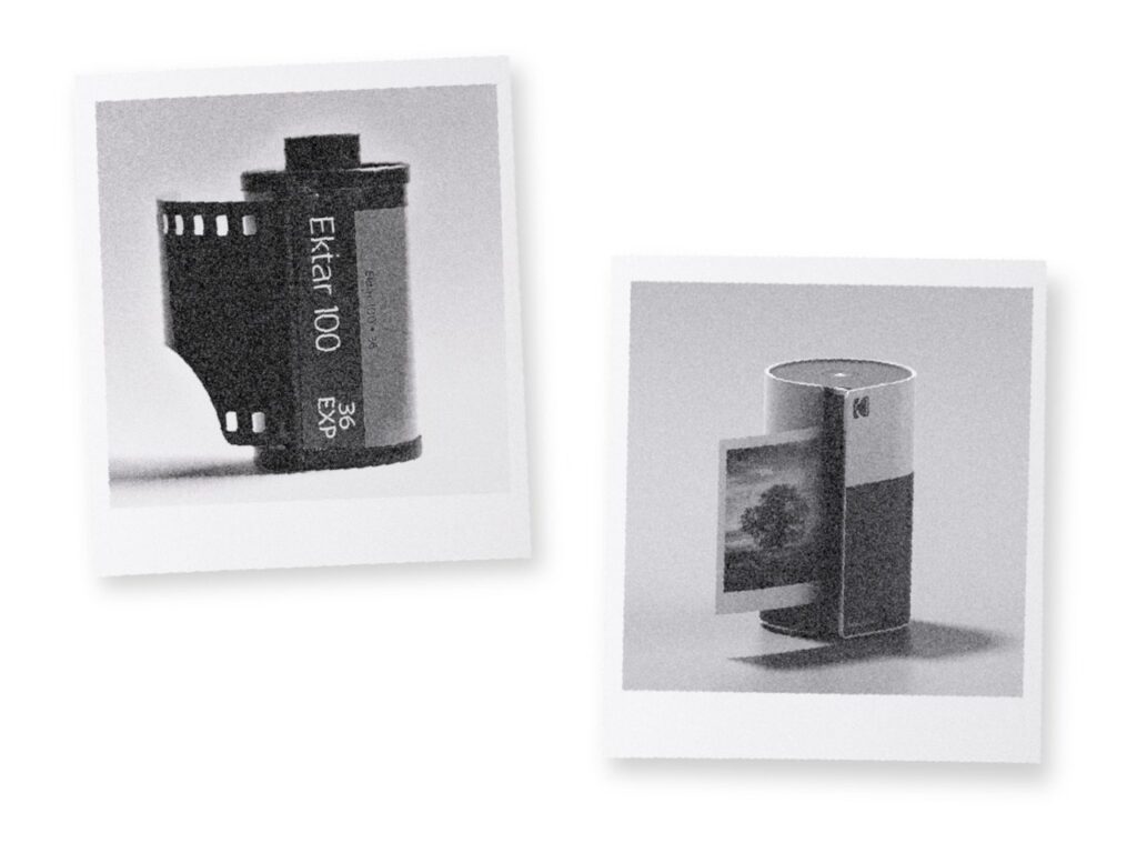 Analog film camera with classic yellow and black design