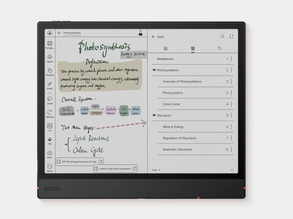 Colored e-ink tablet screen displaying text and eye-friendly colors