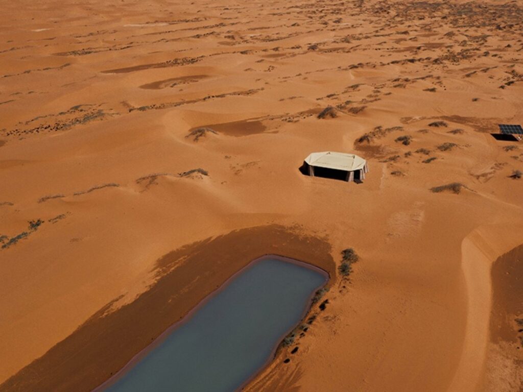 Overview of Desert Ark project in the heart of Mongolia desert, showing modular circular units and central space.