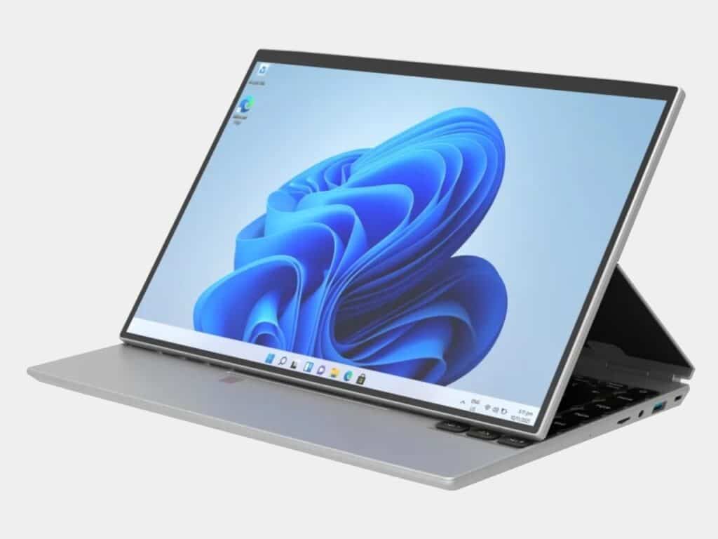 H140S laptop fully opened on a desk, showing its flexible hinge and touchscreen display