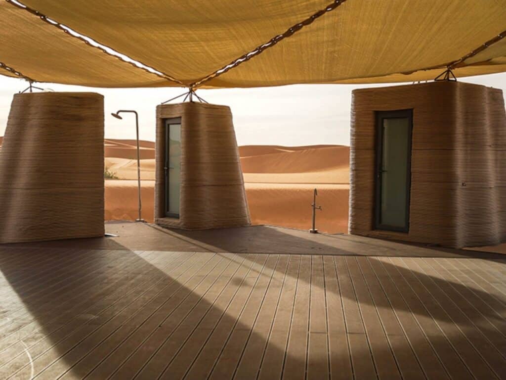 Overview of Desert Ark project in the heart of Mongolia desert, showing modular circular units and central space.