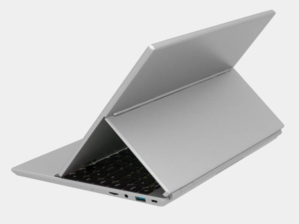H140S laptop fully opened on a desk, showing its flexible hinge and touchscreen display