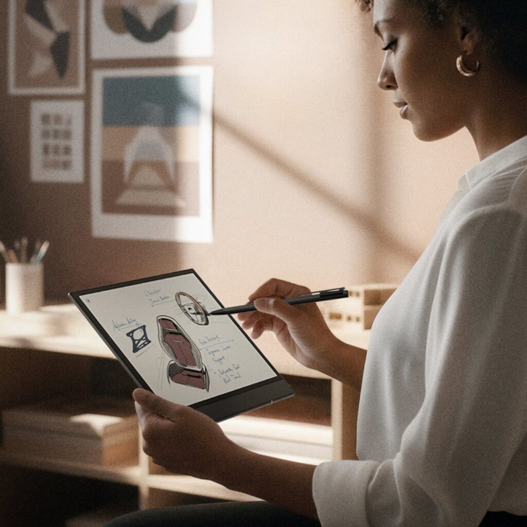 Colored e-ink tablet screen displaying text and eye-friendly colors