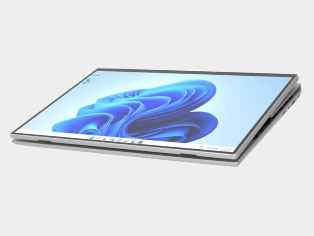 H140S laptop fully opened on a desk, showing its flexible hinge and touchscreen display