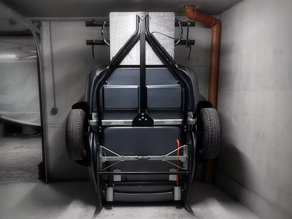 Booba trailer converted into a fully equipped tent with seating area