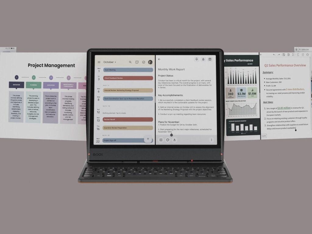 Colored e-ink tablet screen displaying text and eye-friendly colors