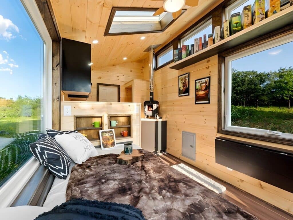 Exterior view of Little Lodge tiny home with wood and metal facade