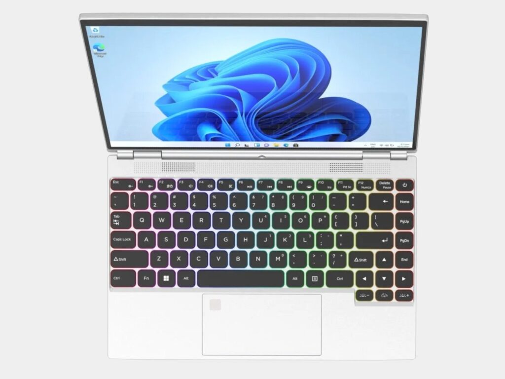 H140S laptop fully opened on a desk, showing its flexible hinge and touchscreen display