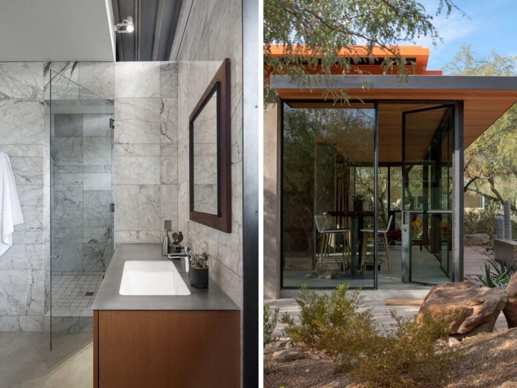 Renovated guest house in the Phoenix desert, blending heritage and modern architecture with minimalist interiors, natural materials, and landscaped outdoor spaces.