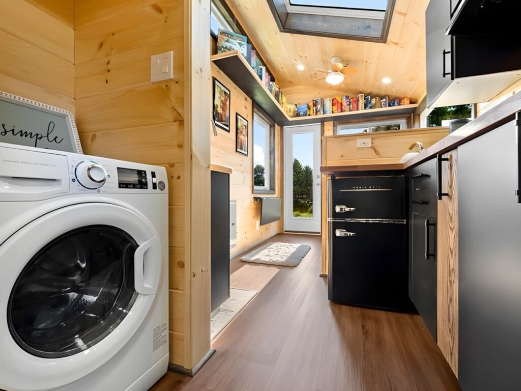 Exterior view of Little Lodge tiny home with wood and metal facade