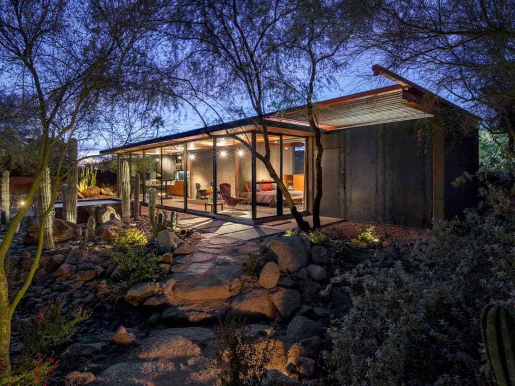 Exterior view of the renovated guest house in Phoenix desert