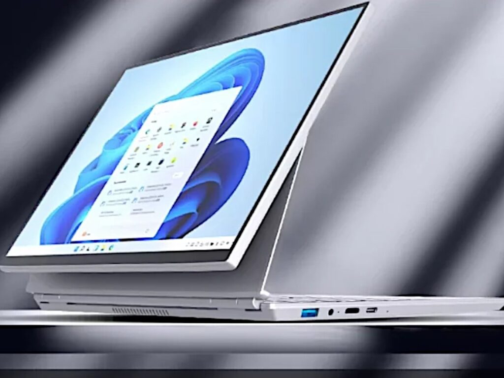 H140S laptop fully opened on a desk, showing its flexible hinge and touchscreen display
