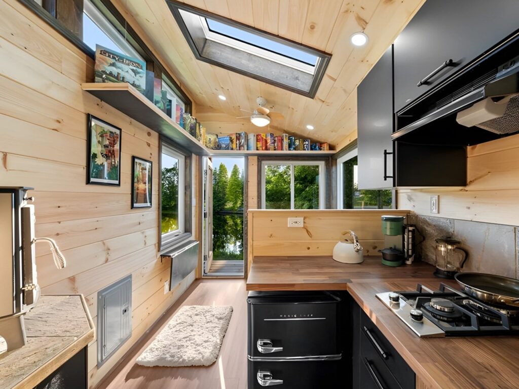 Exterior view of Little Lodge tiny home with wood and metal facade