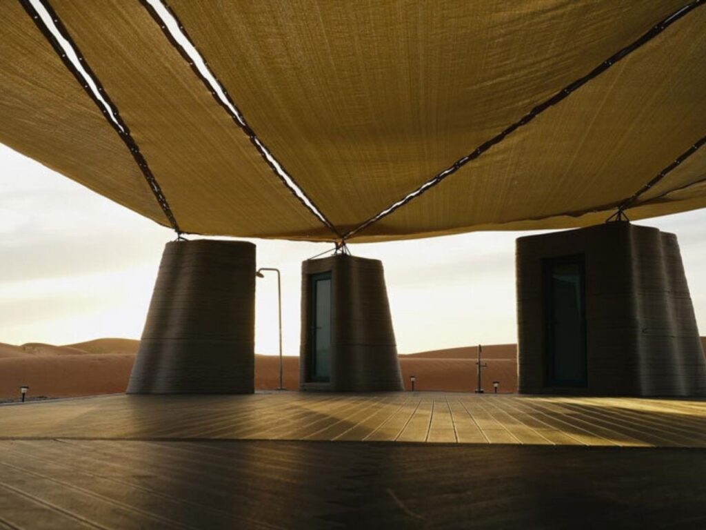 Overview of Desert Ark project in the heart of Mongolia desert, showing modular circular units and central space.