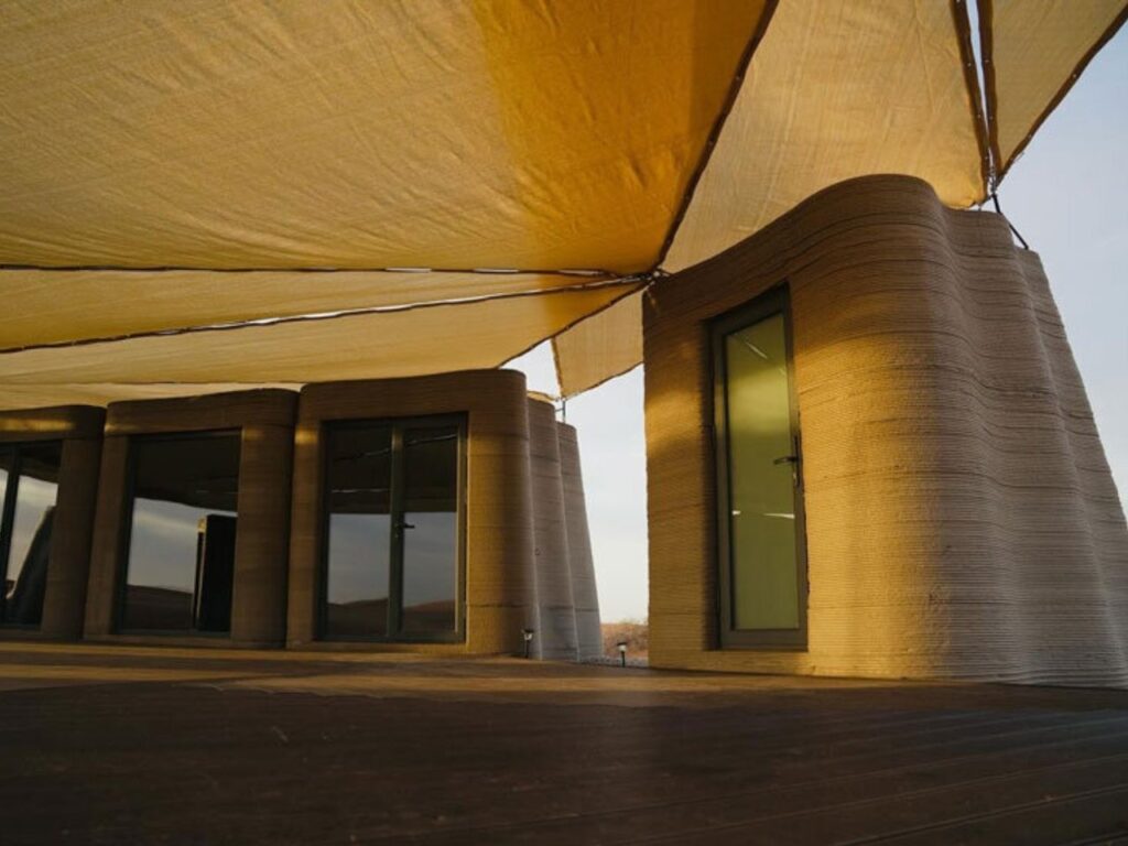 Overview of Desert Ark project in the heart of Mongolia desert, showing modular circular units and central space.