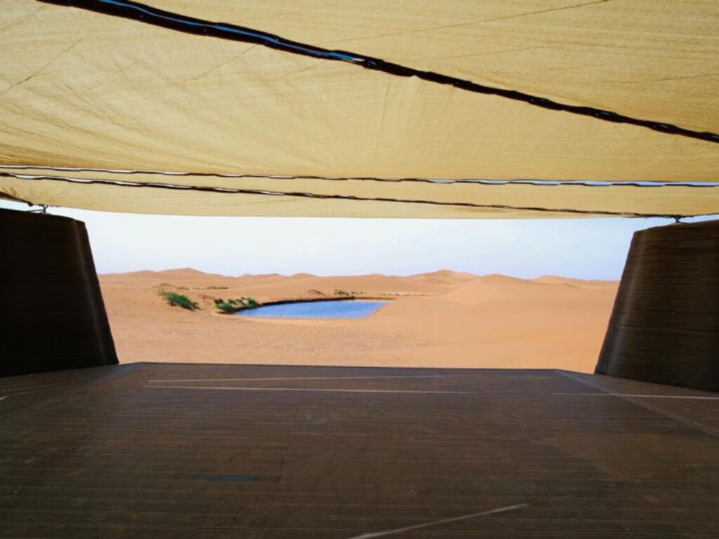 Overview of Desert Ark project in the heart of Mongolia desert, showing modular circular units and central space.