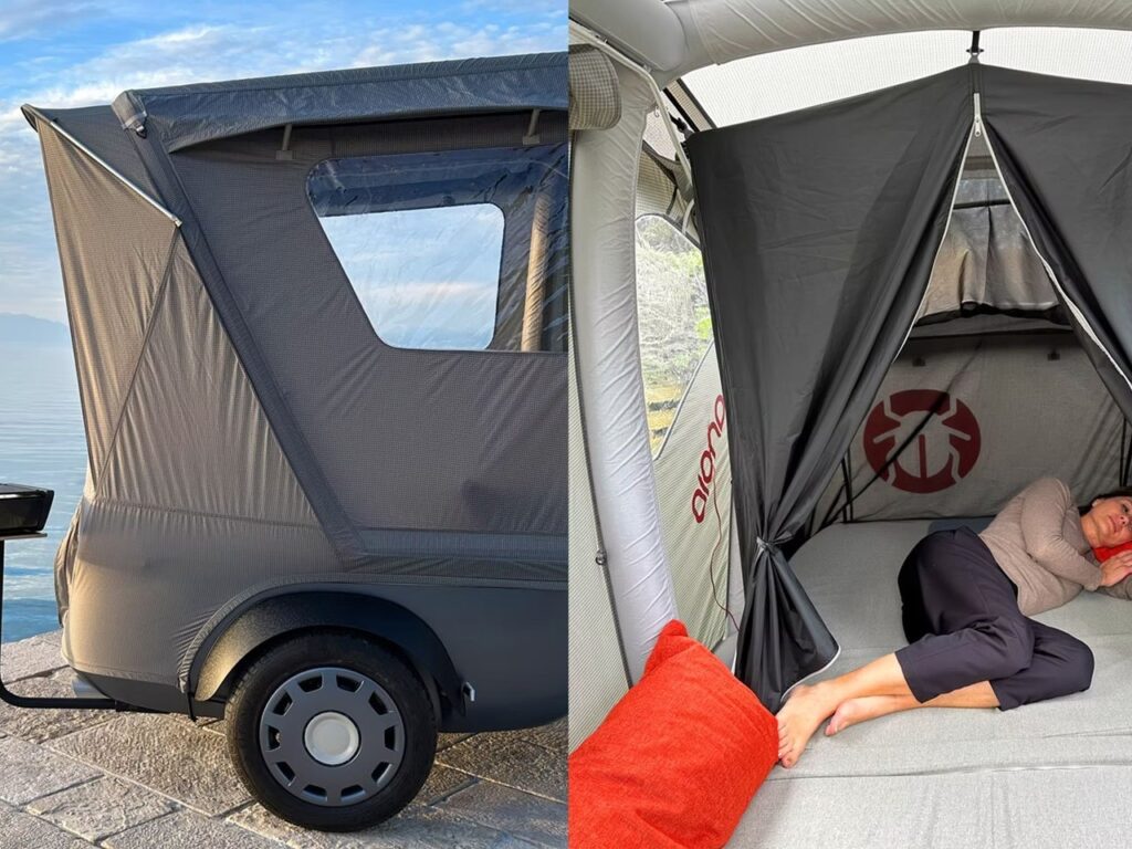 Booba trailer converted into a fully equipped tent with seating area