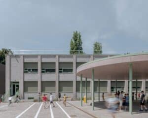 Chazal School renovated facade showing modern design with large windows and sustainable materials.