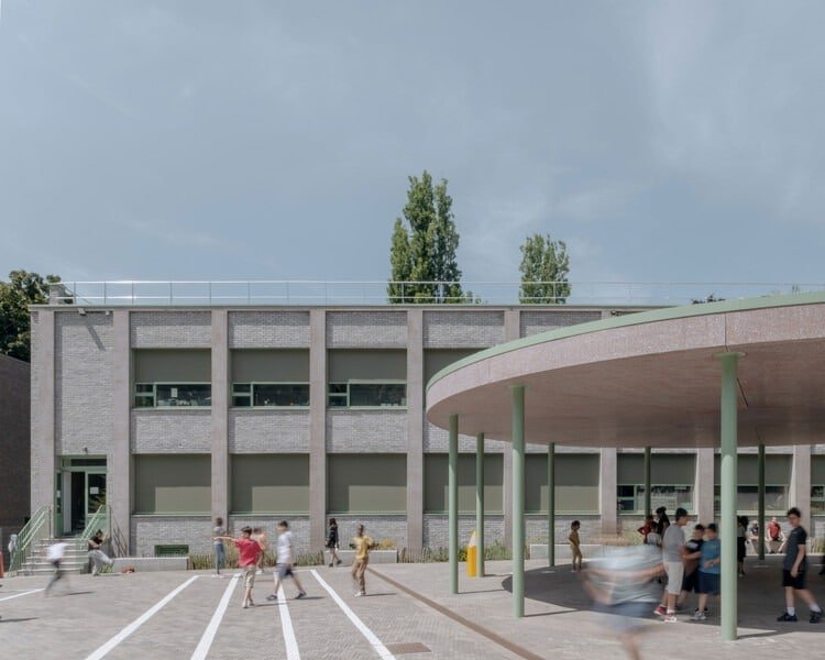 Chazal School renovated facade showing modern design with large windows and sustainable materials.