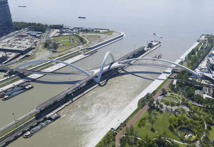 Grand Canal Gateway Bridge in Hangzhou with views of Qiantang River and surrounding urban environment