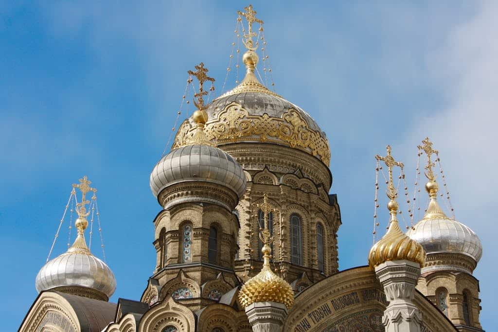 Stunning view of the ornate domes of a Russian Orthodox church in Saint Petersburg.