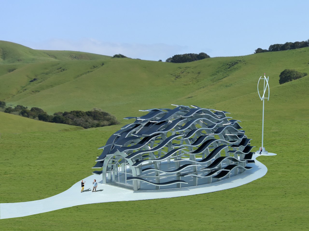 Solar Winds Pavilion exterior showing curved steel panels inspired by vineyard hills