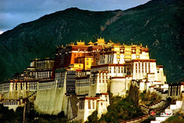 Night view of the Potala Palace illuminated against the dark Tibetan sky.