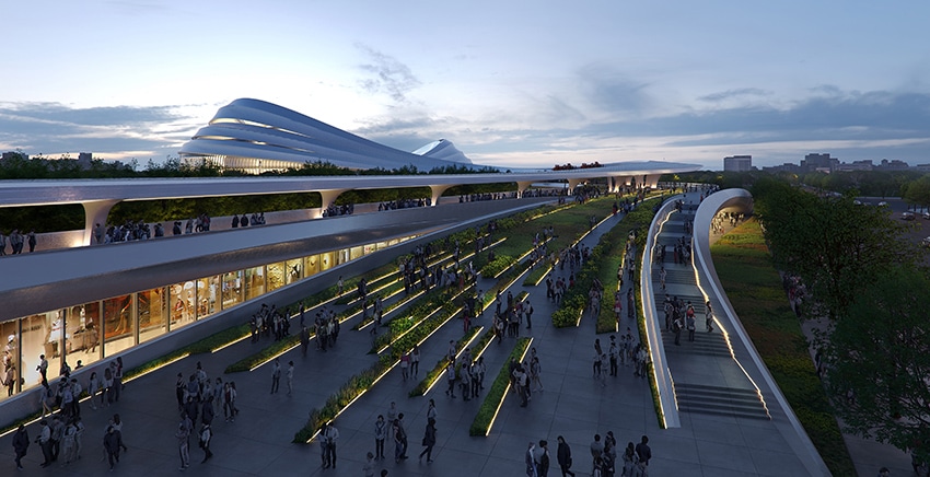 إضاءات ليلية تتناغم مع الأسطح المنحنية للمبنى