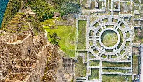 A map showing the distribution of buildings and terraces in Machu Picchu.