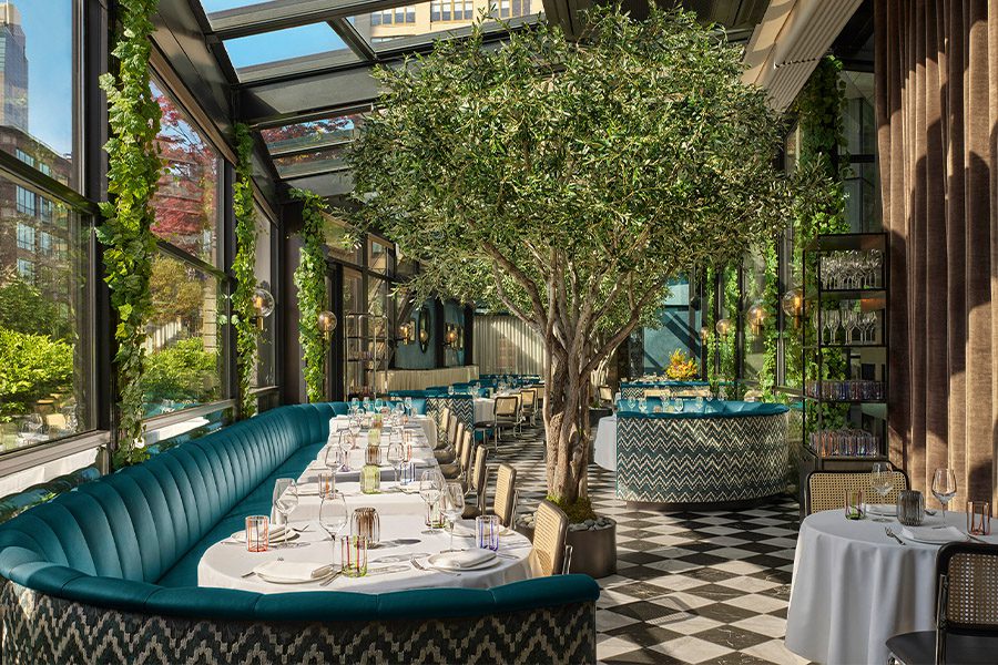 Vegan restaurant interior with natural design and warm lighting creating a serene atmosphere