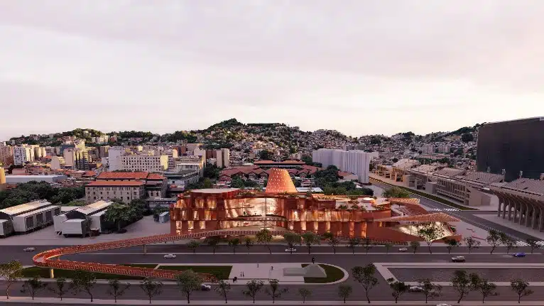 Front facade of Biblioteca dos Saberes in Rio de Janeiro with perforated facade and rooftop gardens.
