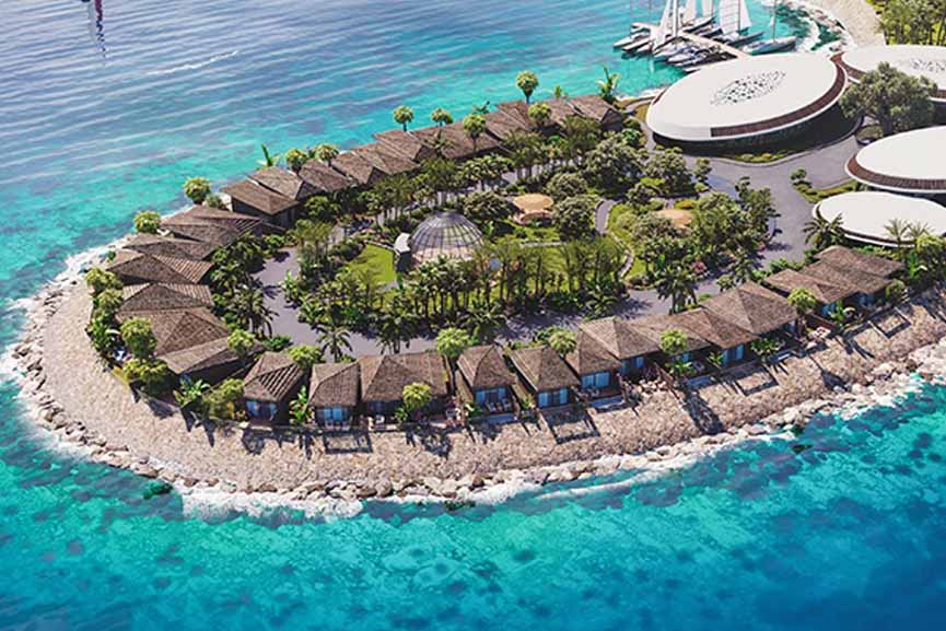 جزر صناعية تندمج مع البحر، وتُضيءها أشعة الشمس بانسجام مع الطبيعة.