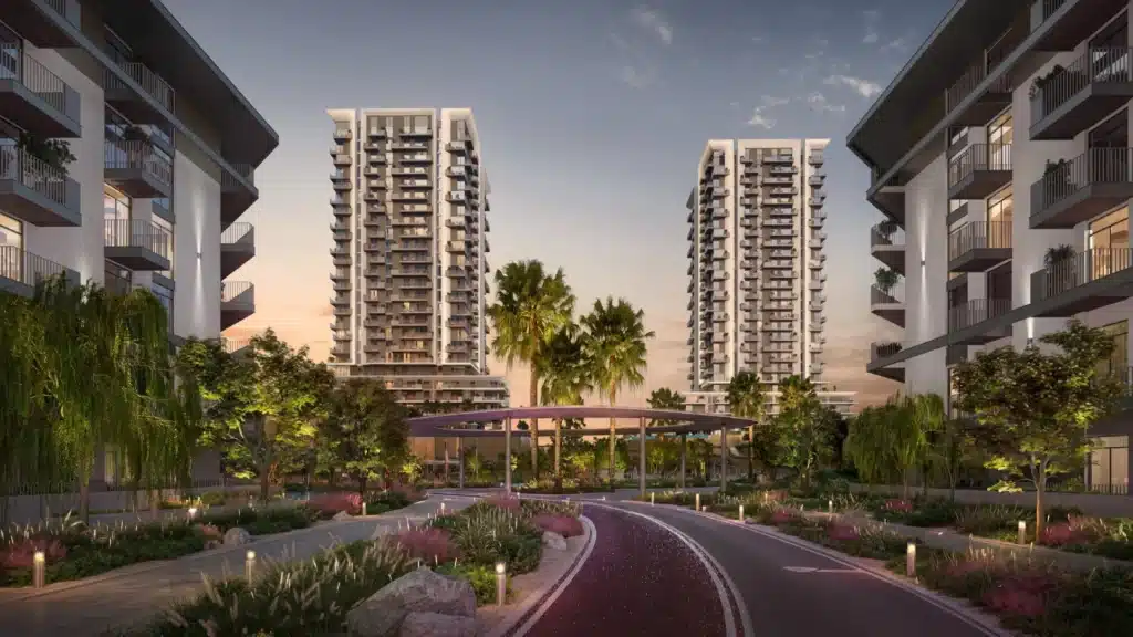 Aerial view of Rise by Athlon showcasing the five residential towers harmonizing with the central green park in Dubai.