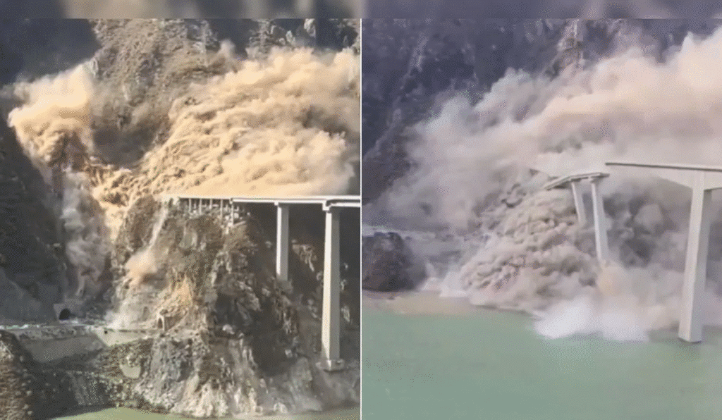 Landslide causing the collapse of sections of the newly constructed bridge over a valley in China.