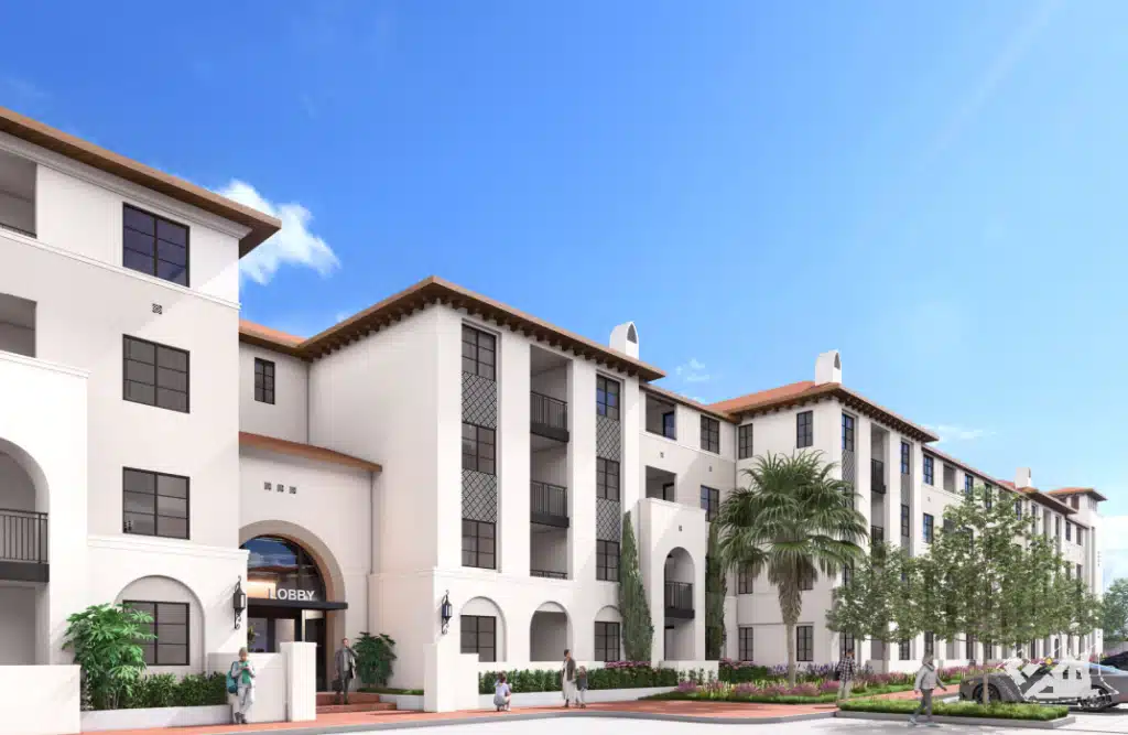 تصميم معماري مقترح لمشروع سكني في لا كومبري بلازا يظهر الكتل السكنية المفتوحة والمساحات الخضراء المحيطة.
