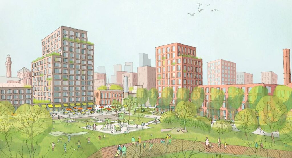 Artistic rendering of Strangeways Cambridge plan showing integration of contemporary buildings with expansive green spaces.